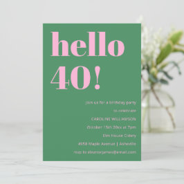 Invitación Bold Bright Modern Retro Pink Green 40th Birthday