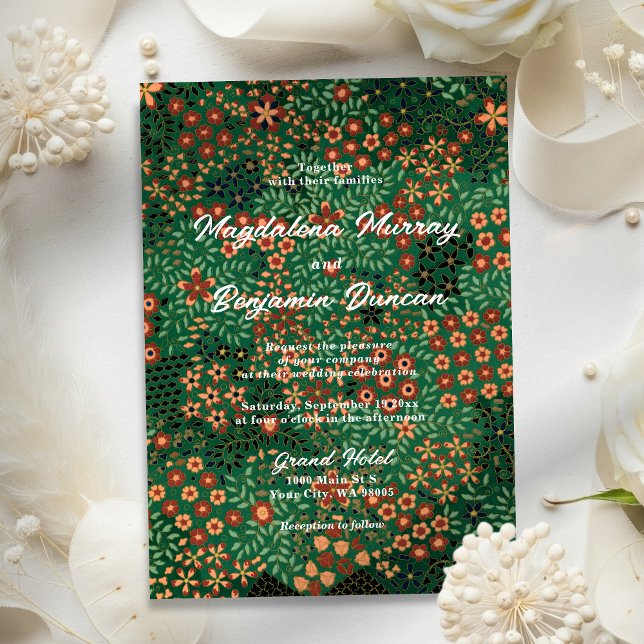 Invitación Bold Dark Green Red Floral Earthy Textile Wedding (Subido por el creador)
