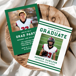 Invitación Bold Green Stripes Athletic Photo Graduation Party