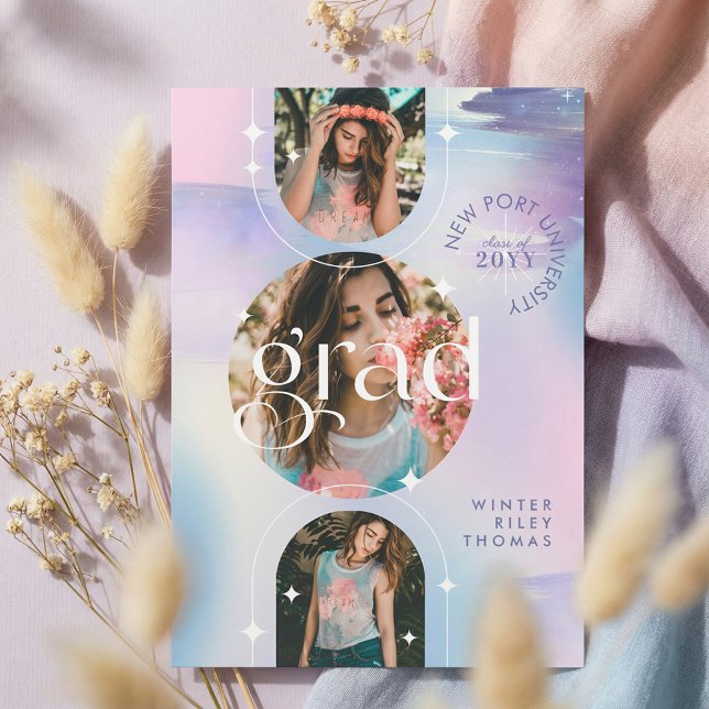 Invitación Bold Iridescent Watercolor Photo Grad Announcement (Iridescent Watercolor Photo Graduation Announcemen Invitation)