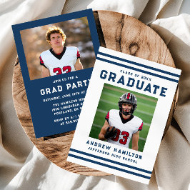 Invitación Bold Navy Stripes Athletic Photo Graduation Party
