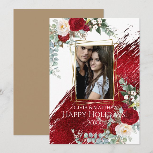 Invitación BOLD Photo Frame Crimson Felices Fiestas (Anverso / Reverso)