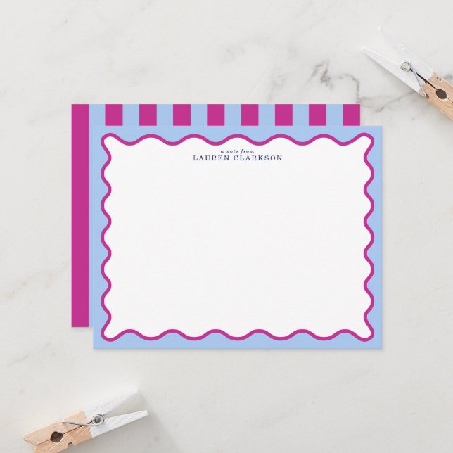 Invitación Bold Pink & Blue Striped Wavy Frame Note Card (Anverso/Reverso In Situ)
