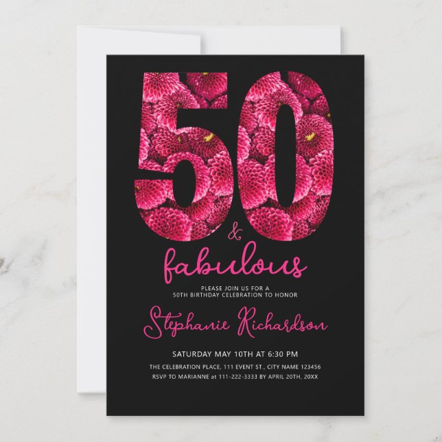 Invitación Bold Pink Floral 50 and Fabulous Birthday Party (Anverso)