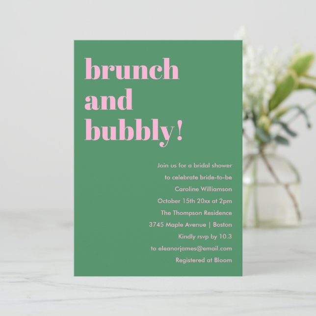 Invitación Bold Pink Green Modern Brunch Bubbly Bridal Shower (Anverso de pie)