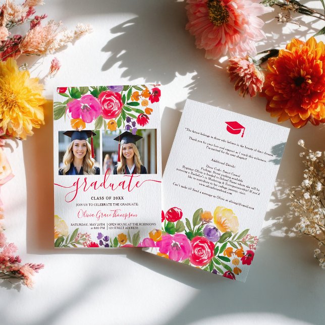 Invitación Bold Pink Orange Boho Floral 2-Photo Graduation (Bold Pink Orange Boho Floral 2-Photo Graduation Invitation)