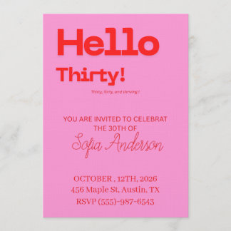 Invitación Bold Pink Red 30th Birthday Invite