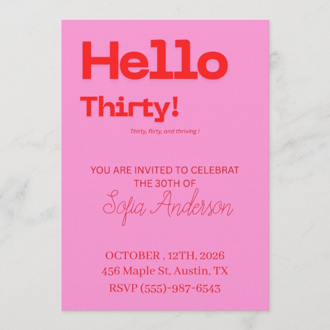 Invitación Bold Pink Red 30th Birthday Invite (Anverso)