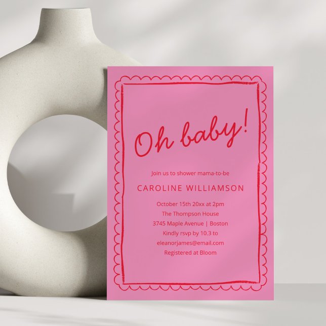 Invitación Bold Pink Red Modern Whimsical Border Baby Shower (Subido por el creador)