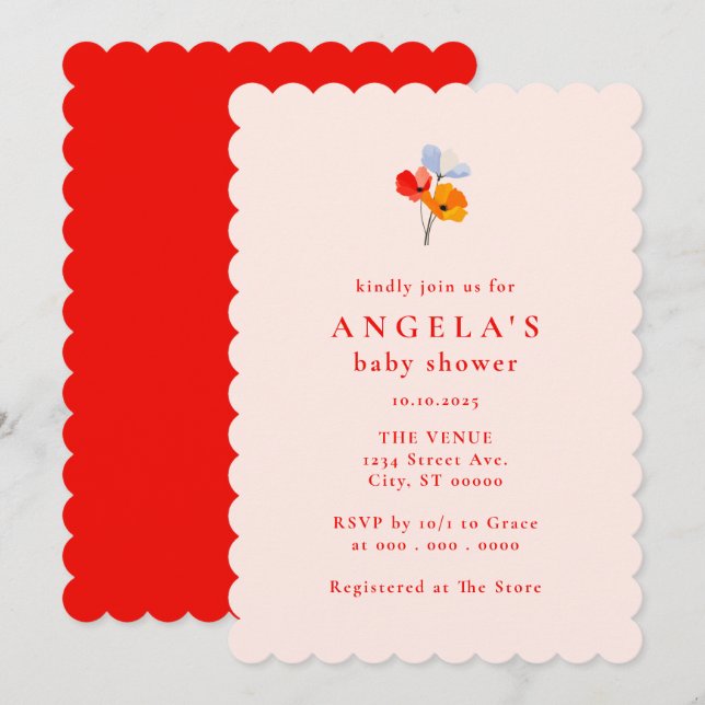 Invitación Bold Poppy Floral Baby Shower (Anverso / Reverso)