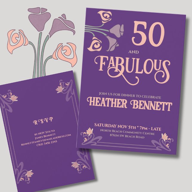 Invitación Bold Purple Art Nouveau 50 and Fabulous Birthday (Subido por el creador)
