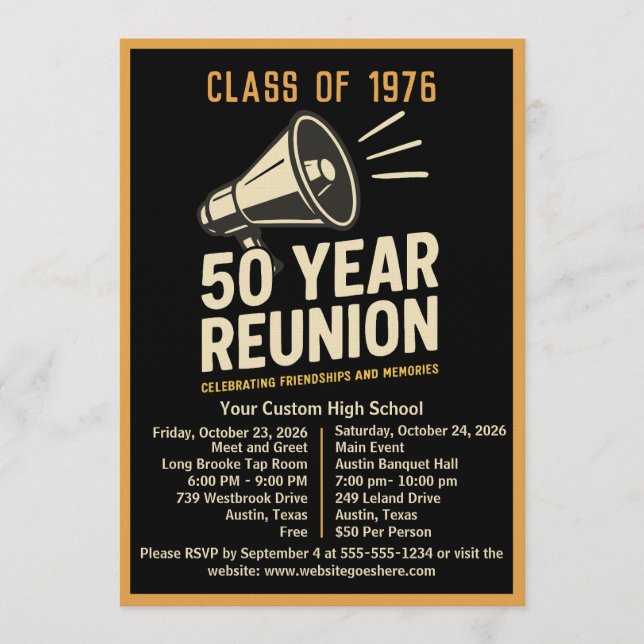 Invitación Bold Retro Megaphone 50 Year High School Reunion (Anverso)
