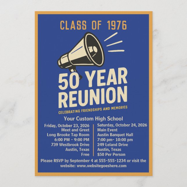 Invitación Bold Retro Megaphone 50 Year High School Reunion (Anverso)