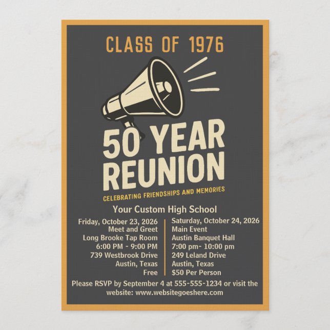 Invitación Bold Retro Megaphone 50 Year High School Reunion (Anverso)