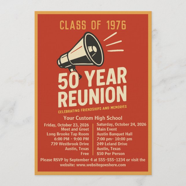 Invitación Bold Retro Megaphone 50 Year High School Reunion (Anverso)
