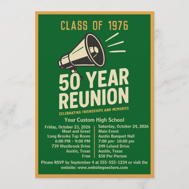 Invitación Bold Retro Megaphone 50 Year High School Reunion (Anverso)