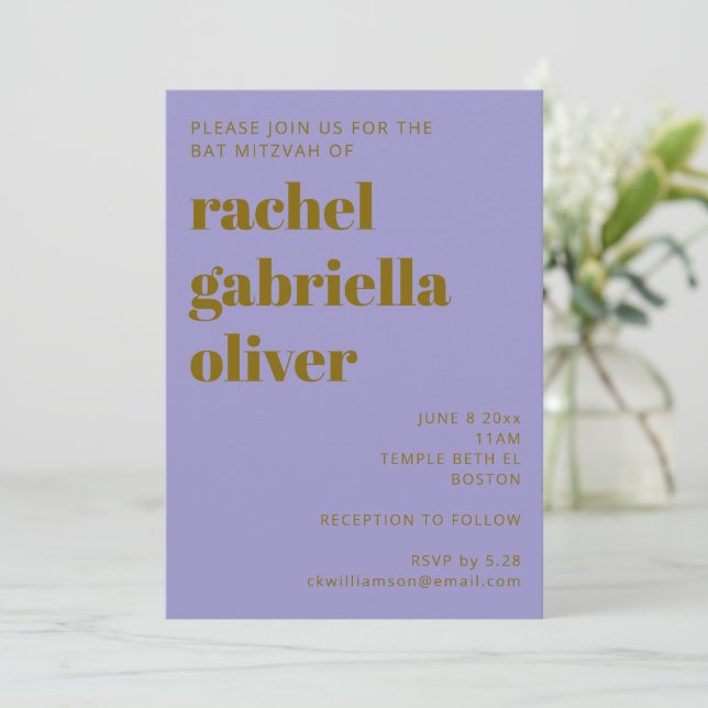 Invitación Bold Retro Purple Gold Simple Cute Bat Mitzvah (Anverso de pie)