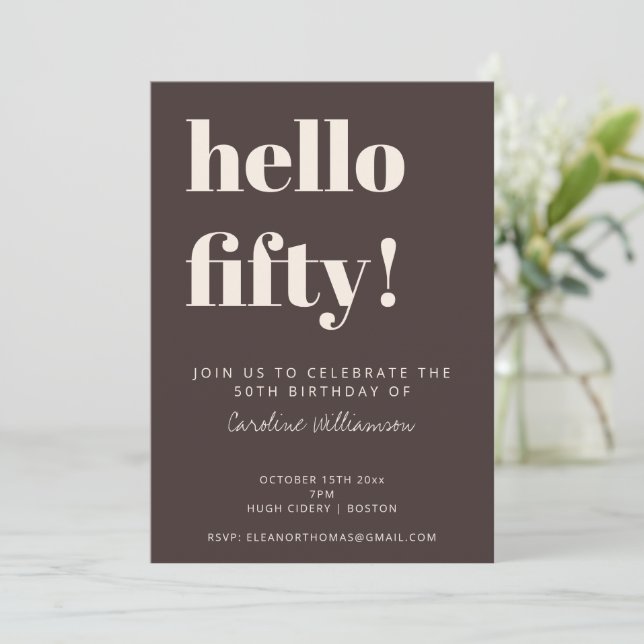 Invitación Bold Typography Brown Modern 50th Birthday Party (Anverso de pie)