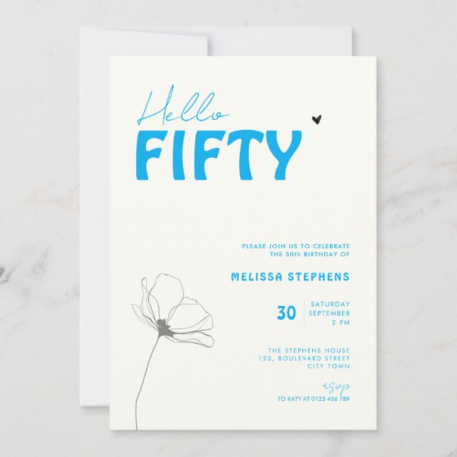 Invitación Bold Typography Ivory Blue Elegant 50th Birthday (Anverso)