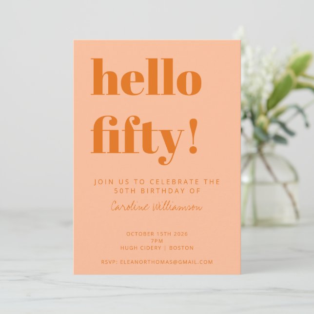 Invitación Bold Typography Peach Orange Modern 50th Birthday (Anverso de pie)