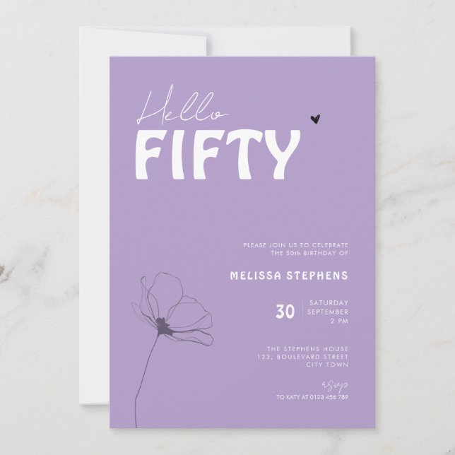 Invitación Bold Typography Purple White Elegant 50th Birthday (Anverso)