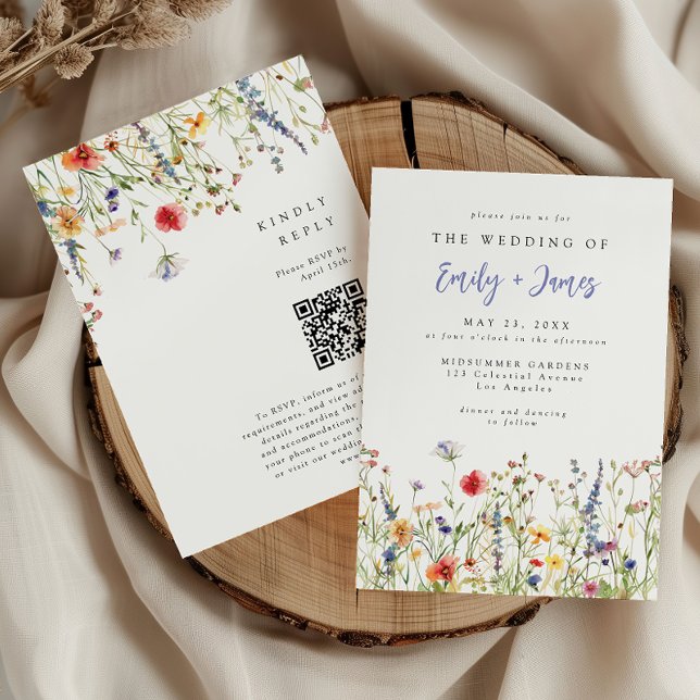 Invitación Bold Watercolor Spring Wildflower QR Code Wedding (Subido por el creador)