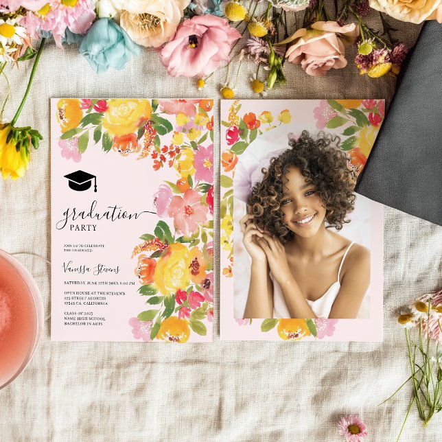 Invitación Bold Wildflower Floral Watercolor Photo Graduation (Bold Wildflower Floral Watercolor Photo Graduation Invitation)