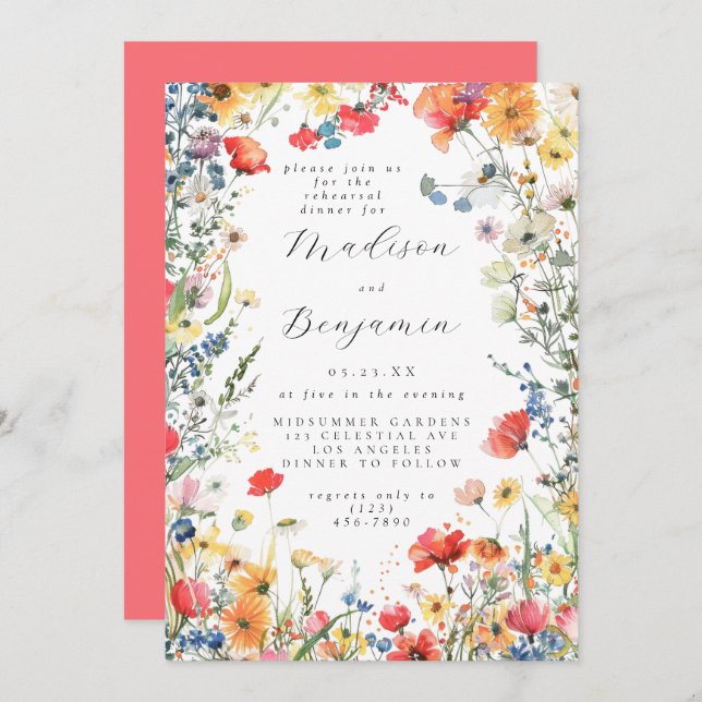 Invitación Bold Wildflower Wedding Rehearsal Dinner (Anverso / Reverso)