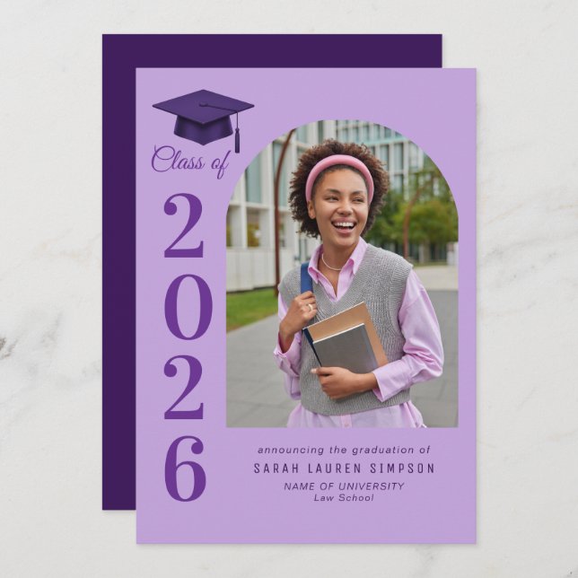 Invitación Bold year purple graduation photo announcement (Anverso / Reverso)