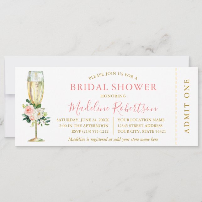 Invitación Boleto acuático blanco rosado floral de novia (Anverso)