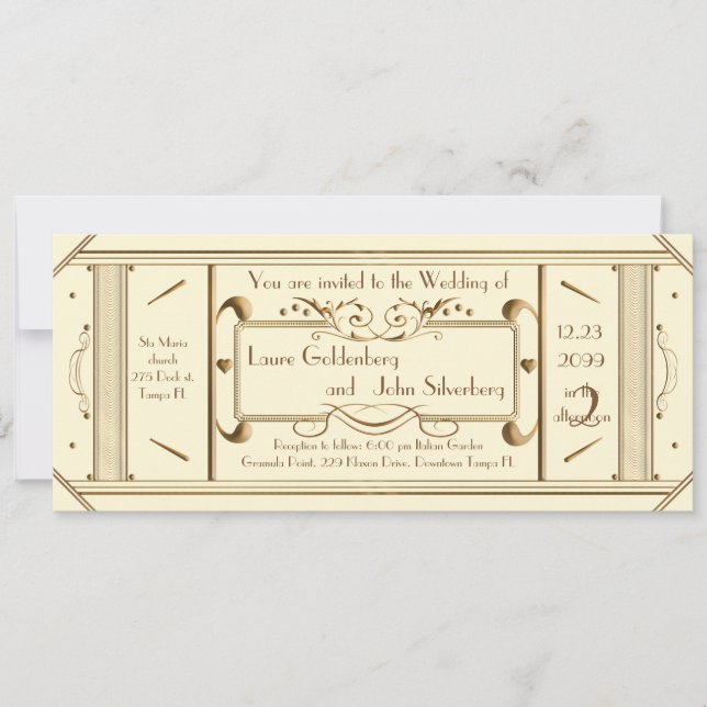 Invitación boleto boda art deco, marfil, marfil trasero (Anverso)