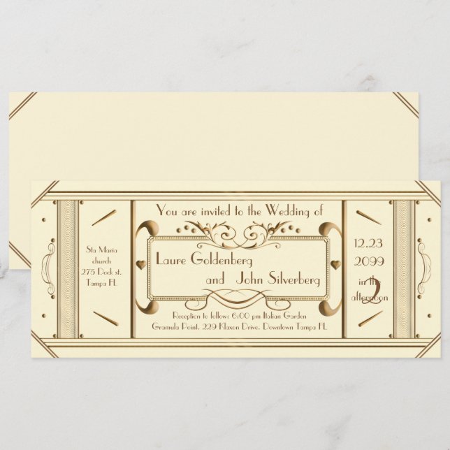 Invitación boleto boda art deco, marfil, marfil trasero (Anverso / Reverso)