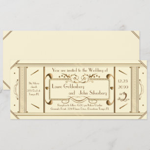 Invitación boleto boda art deco, marfil, marfil trasero