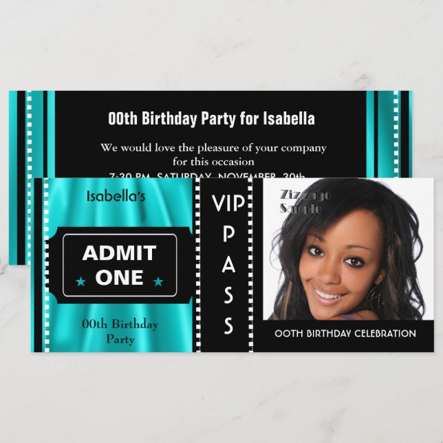 Invitación Boleto de admisión Fiesta de Cumpleaños Foto Azul  (Anverso / Reverso)