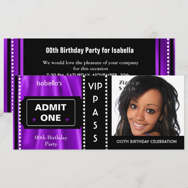 Invitación Boleto de Admisión Fiesta de Cumpleaños Foto Morad (Anverso / Reverso)