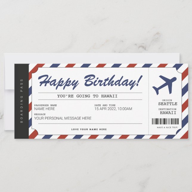 Invitación Boleto de avión de regalo de cumpleaños sorpresa (Anverso)