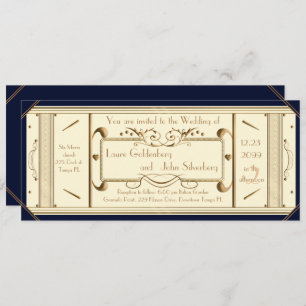 Invitación boleto de boda art deco,Ivory, negro de espalda