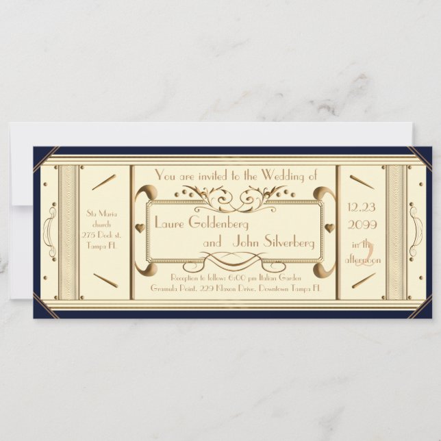 Invitación boleto de boda art deco, marfil, back Navy (Anverso)