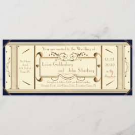 Invitación boleto de boda art deco, marfil, back Navy