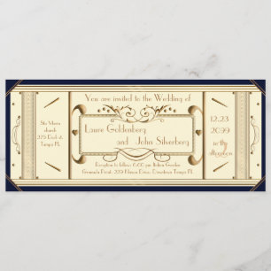 Invitación boleto de boda art deco, marfil, back Navy