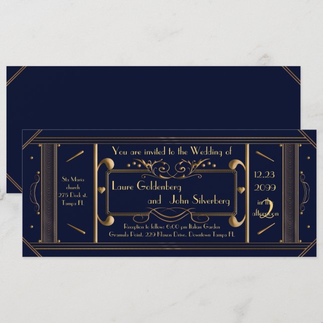 Invitación boleto de boda art deco, marina, marina trasera (Anverso / Reverso)