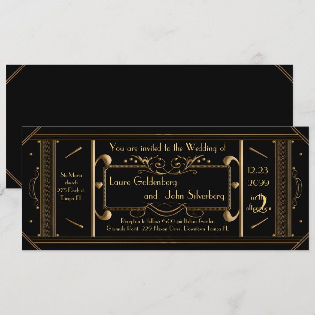 Invitación boleto de boda art deco, negro, negro negro traser (Anverso / Reverso)