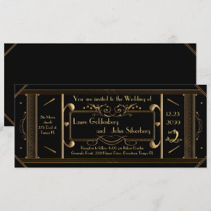 Invitación boleto de boda art deco, negro, negro negro traser