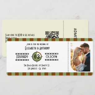 Invitación Boleto de Boda Marrón Chocolate, Verde Salvia y Be