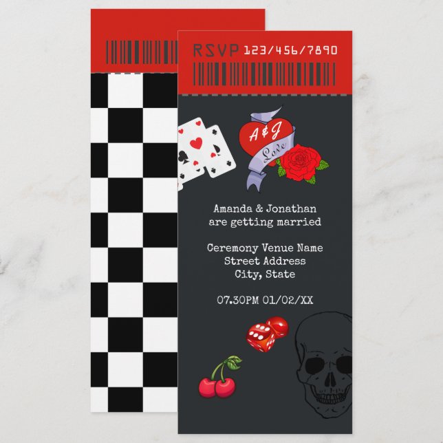 Invitación Boleto de Boda Rockabilly (Anverso / Reverso)