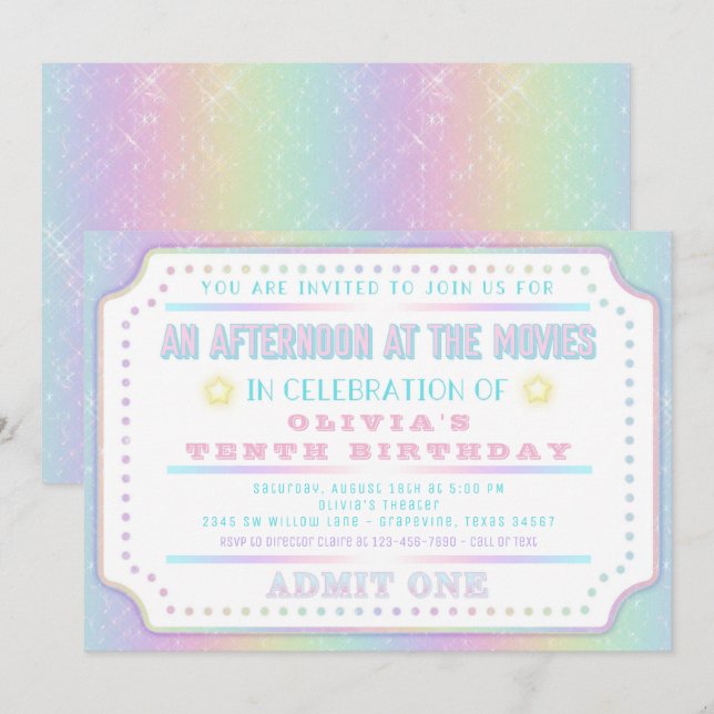 Invitación Boleto de Cine Arcoíris Fiesta de Cumpleaños (Anverso / Reverso)