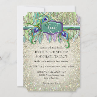 Invitación Boleto de cine Art Deco Peacock Feather Purpurina