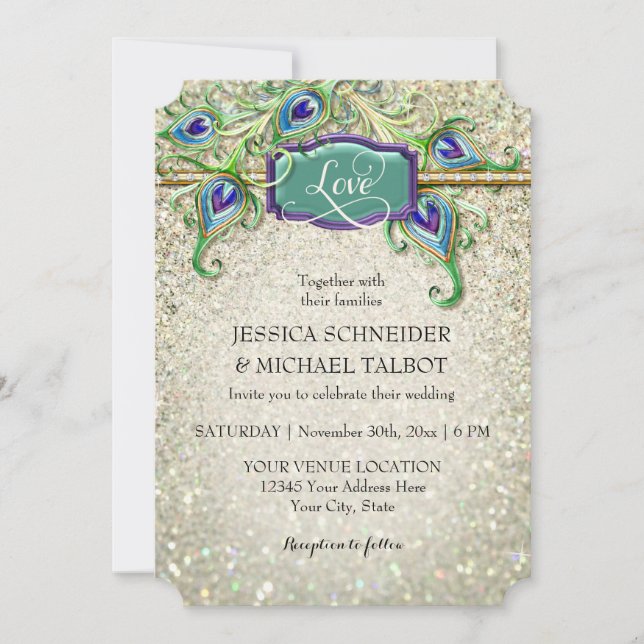 Invitación Boleto de cine Art Deco Peacock Feather Purpurina (Anverso)