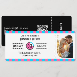 Invitación Boleto de Cine Azul Neon, Rosa Fucsia y Negro