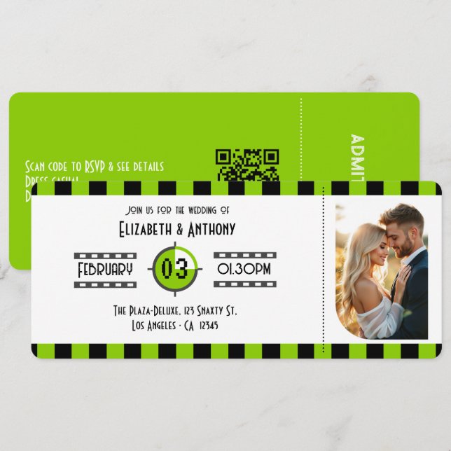 Invitación Boleto de Cine Verde, Negro y Blanco para Boda (Anverso / Reverso)